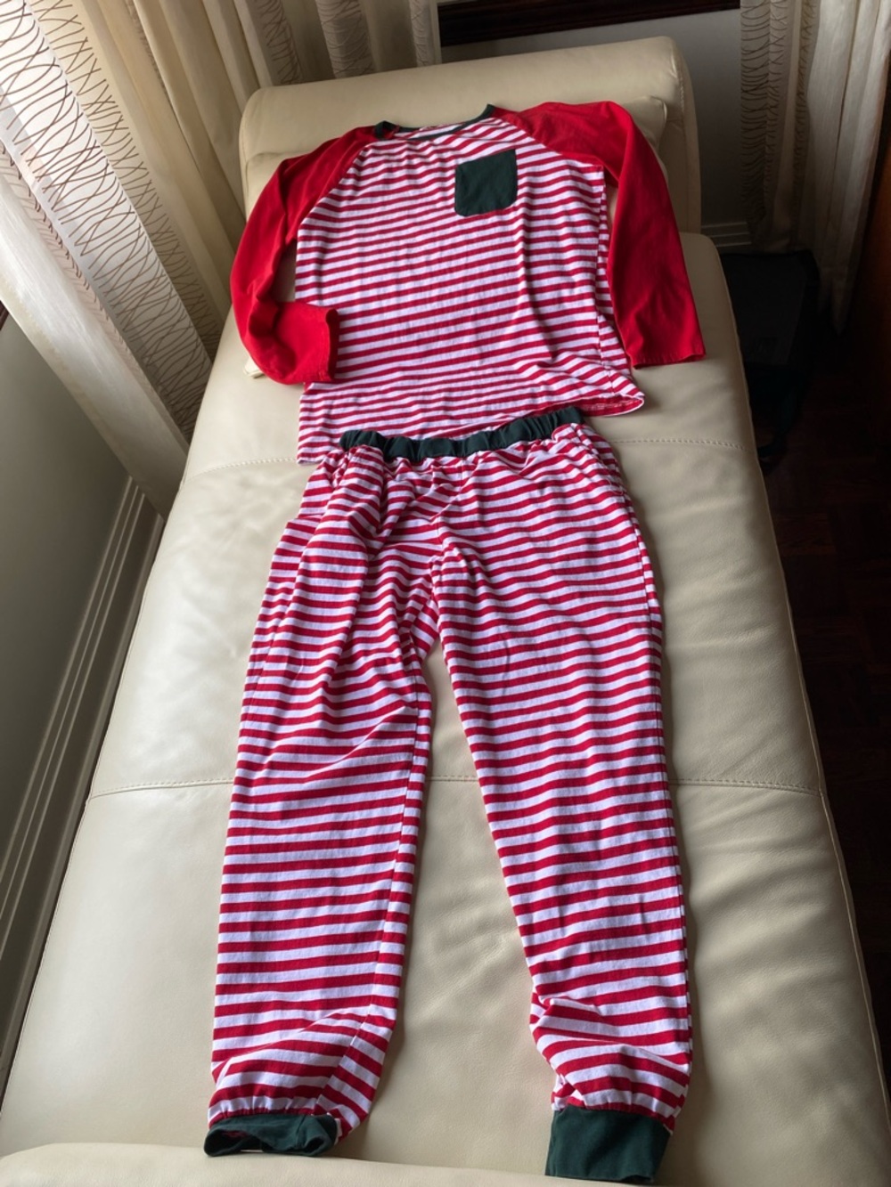 Women's Red & White Striped Pajama Set with Green Accents, Xmas pajamas XL or L